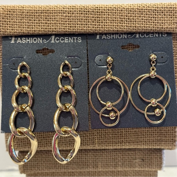 NWT 2 Pair of Fashion Accents Earrings gold tone - open link chain, multi-circle - Picture 2 of 9